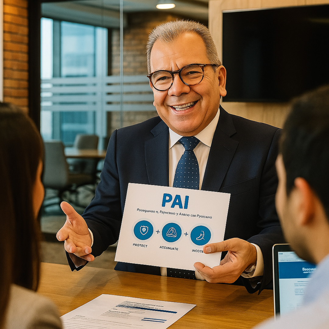 Asesor financiero explicando el Sistema PAI para proteger patrimonio y ahorrar con propósito