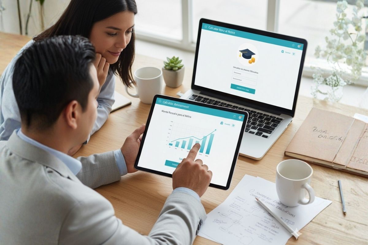 Asesor mostrando gráficos financieros claros a un cliente en una tablet